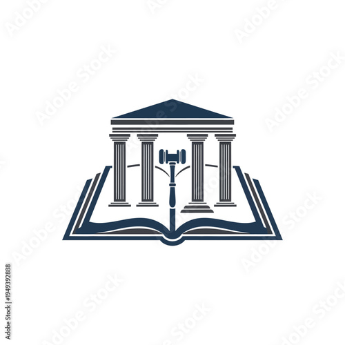 Open Book with Ancient Building Pillars and Gavel Logo Design for Law and Justice on isolated white background