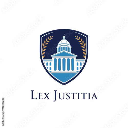Authoritative Dark Blue Shield Logo with a Classical Building and Laurel Wreath for Lex Justitia, on a dark blue background in bright studio, conveying justice and protection