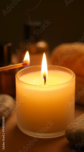 A lit match ignites a glowing candle in a serene spa setting with smooth stones