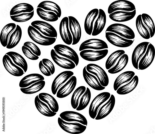 Heart shape formed by black coffee beans a white background with transparent background