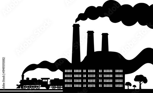 Black silhouette of a steam train approaching a factory with smoking chimneys and trees