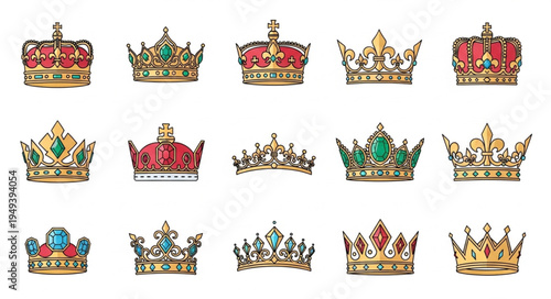 Collection of ornate royal crowns and tiaras with jewels.