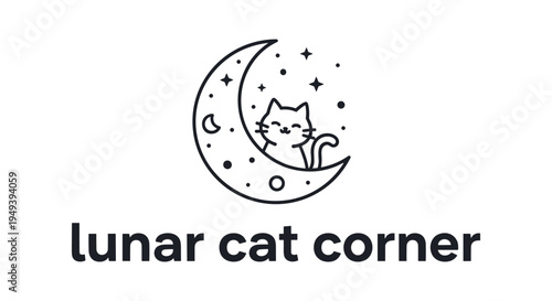 Whimsical cat sleeping on crescent moon in minimalist line art style with soft dreamy lighting on white background for greeting card