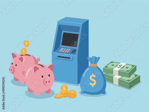 Blue atm machine with piggy banks coins and money bags and stacks of cash  financial savings concept