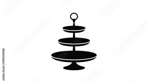 Black silhouette vector icon of three-tier serving stand with loop handle, minimal catering design symbol for desserts, pastries, and hospitality use