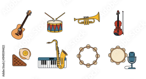 Musical instruments collection on white