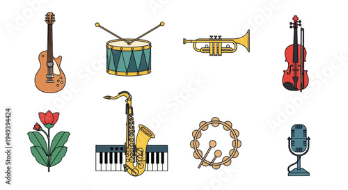 Musical instruments collection on white
