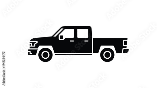 Black silhouette vector icon of pickup truck side view with double cab and cargo bed, minimal automotive design symbol for transport and vehicle use