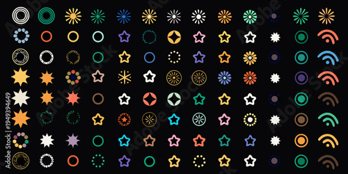 Colorful collection of circular and starburst shaped icons on black background