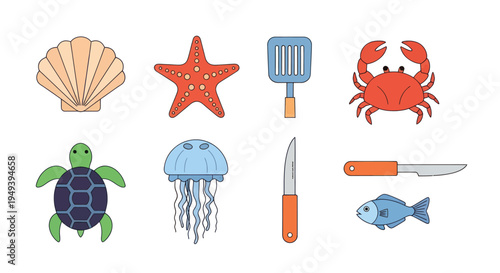 Ocean creatures and cooking utensils vector set