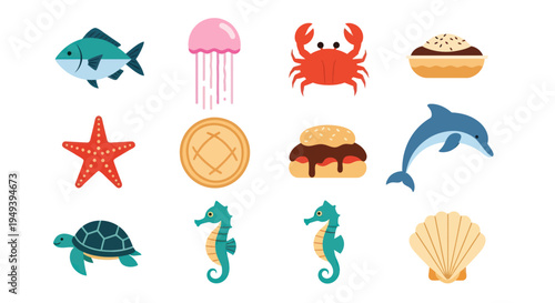 Ocean creatures and food vector illustrations