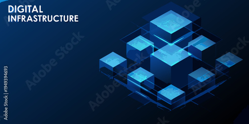 Abstract digital infrastructure concept with glowing blue isometric cubes