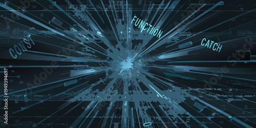 Abstract digital explosion with code fragments and a futuristic aesthetic