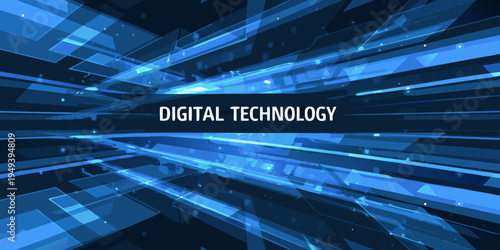 Abstract blue digital technology background with converging lines and light