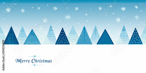 A winter scene featuring stylized evergreen trees and falling snowflakes