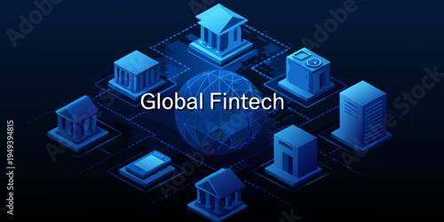 Isometric illustration depicting global fintech with buildings and a world globe
