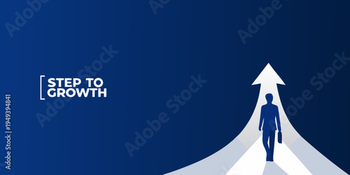 A businessman walking towards success on a growing arrow path