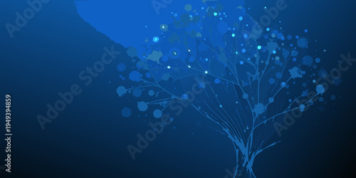 Abstract blue tree with glowing bubbles against a dark background