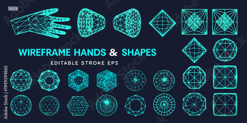 Collection of glowing blue wireframe hands and geometric shapes