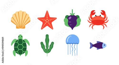 Oceanic icons sea creatures and elements