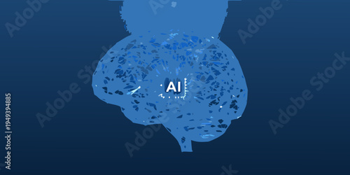 Artificial intelligence concept a blue brain silhouette with ai text