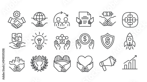 Business Partnership and Handshake Icon Set, Outline Symbols for Teamwork, Agreement, Trust and Corporate Deal, Contract Collaboration, Finance and Global Business Concept Line Art Vector