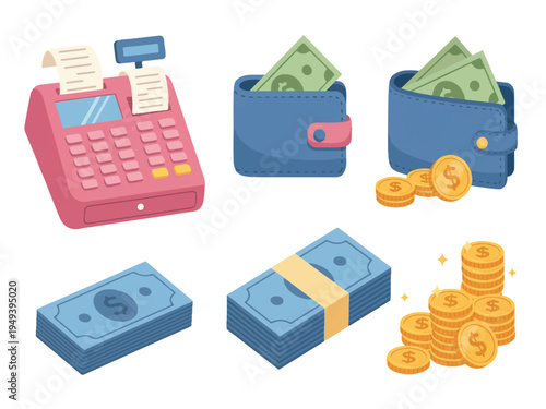 Cartoon money icons including cash register wallet bills coins isolated on white background