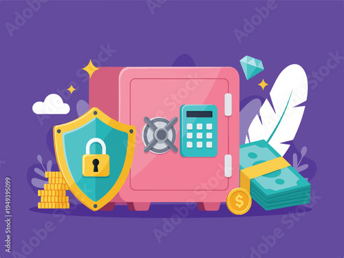 Cartoon safe box with shield lock and money gold coins stacks banknote calculator