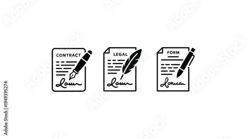 Black and white vector icons of contract, legal document, and form with signature pens and quill, representing official paperwork signing process
