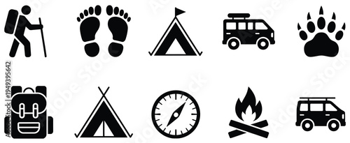 Camping and Hiking Icon Set with Backpack, Tent, Compass, Campfire, Van and Footprints, Traveler Silhouette Outdoor Adventure Travel Symbols Collection, Vector Illustration Isolated