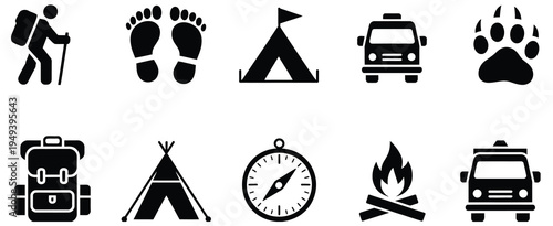 Camping and Hiking Icon Set with Backpack, Tent, Compass, Campfire, Van and Footprints, Traveler Silhouette Outdoor Adventure Travel Symbols Collection, Vector Illustration Isolated