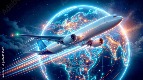 Airplane around digital Earth globe with network connections for global travel and international business