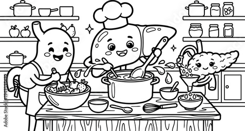 Cute cartoon liver stomach and pancreas cooking together in kitchen preparing healthy food ingredients with smiling faces and chef hat