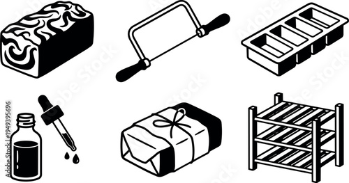 Black and white vector icons set baking tools bar of soap soap wrapper soap rack ice tray dropper bottle kitchen utensils