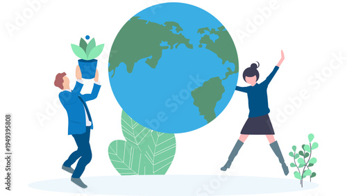 A stylized illustration of a man in a blue suit holding a potted plant above his head, and a woman in a blue top and dark skirt, with her arm raised, both interacting with a large,  globe earth day