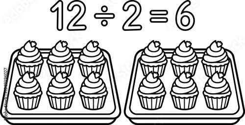 Black and white vector illustration of cupcake trays showing division math equation twelve divided by two equals six simple educational diagram
