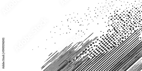 Geometric art with monochromatic design, featuring abstract lines and dotted patterns, creating a sense of dynamic movement and visual intrigue.