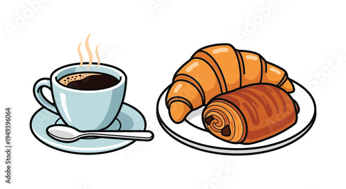 A delightful illustration depicts a cup of coffee and a flaky croissant presenting a classic breakfast scene silhouette high quality professional