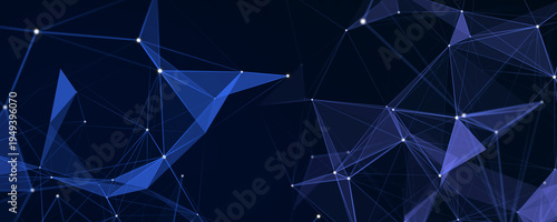 Abstract blue low poly network background. Connected nodes and polygon triangles form futuristic digital mesh. Technology communication concept with geometric plexus design.
