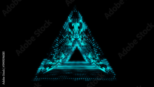 Abstract glowing triangle tunnel on black background. Cyan light particles form futuristic digital portal. Sci-fi technology data stream. 3D neon geometric illusion.
