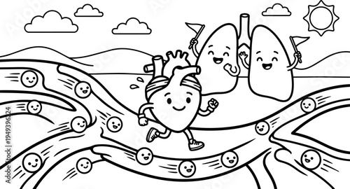 Cute cartoon running human heart with smiling blood cells and cheering lungs waving flags on sunny day landscape
