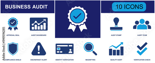 Business audit icon set. Containing approval seal, audit dashboard, audit stamp, audit team, compliance shield, discrepancy alert, identity verification, magnifying search, quality audit, verification