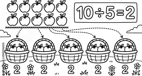 Black and white educational vector illustration dividing ten apples equally into five baskets showing simple math division concept