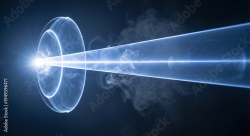 Abstract blue energy beam emanating from a glowing sphere.