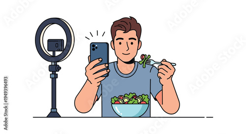 A young man records himself eating a salad with a smartphone and ring light creating digital content silhouette high quality