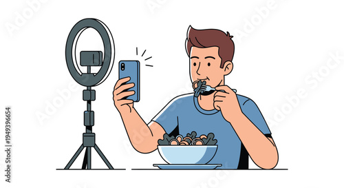 A young man records himself eating a salad with a ring light and smartphone showcasing modern online content creation silhouette