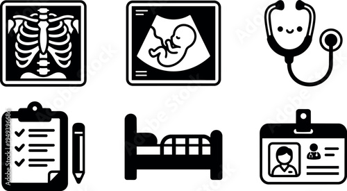 Medical vector icons set including x ray scan ultrasound fetus stethoscope clipboard pen hospital bed identification badge