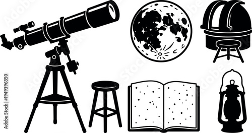 Black and white silhouette telescope with tripod stool open book moon and vintage lantern astronomy equipment vector art icons