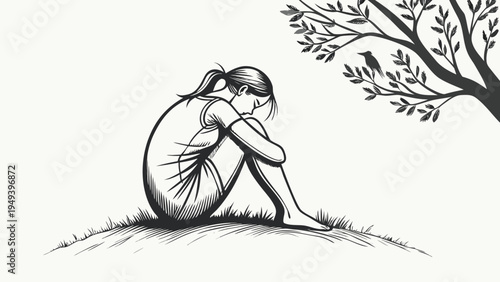 Sad girl sits curled up beneath tree branches.