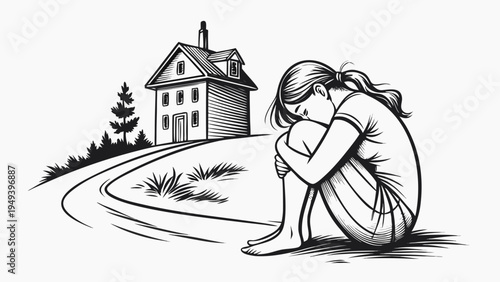 Girl sits alone near house on hill road.